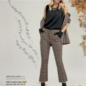 Cabi Jazzy Kick Flare Pants Size 4 #4131 Tartan Plaid Cropped Ankle Brown Tan